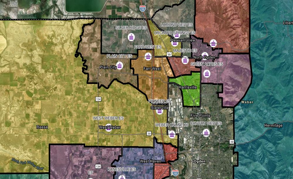 Map of Weber county with elementary school boundaries colored in