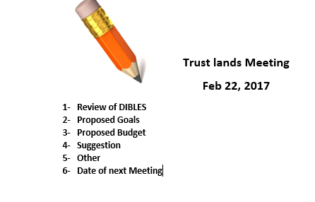 Trustlands Meeting February 22, 2017 1. Review of DIBELS 2. Proposed Goals 3. Proposed Budget 4. Suggestion 5. Other 6. Date of Next Meeting